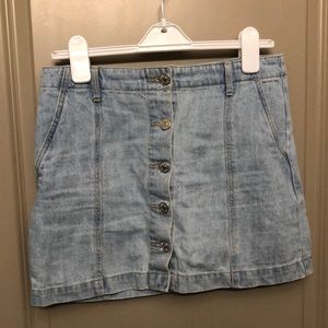 High rise light wash denim button up skirt